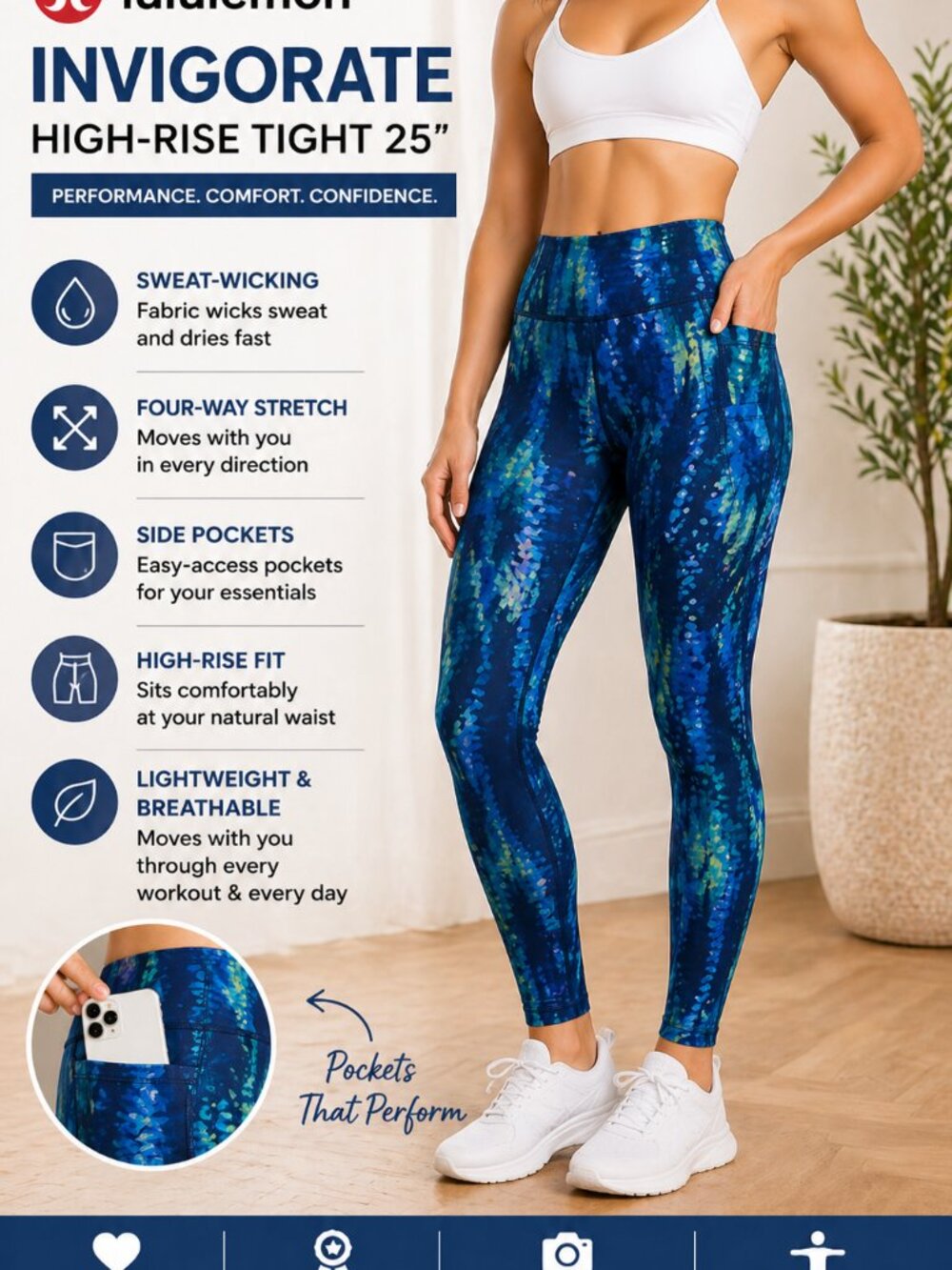 Lululemon Leggings Invigorate 25” Size 0 NWOT Blue Multi High Rise Nulux Workout